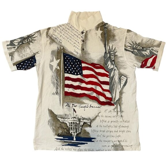 AMERICAN SUMMER CLOTHING COMPANY A Flag SOL AOP Beige Polo Shirt in Large - Picture 1 of 5